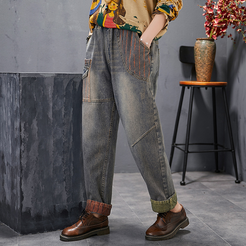 

Olive With Embroidery Harlan Elastic Waist Big Yards Long Leisure Trousers