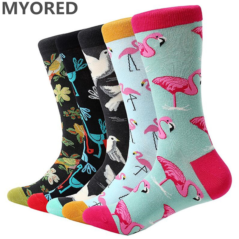 

Hot Sell 10 Pair /Lot Mens Cartoon Socks Cotton Animal Bird Flower Colorful Long Socks Funny Sock For Men Casual Dress Wedding Gift, Random color