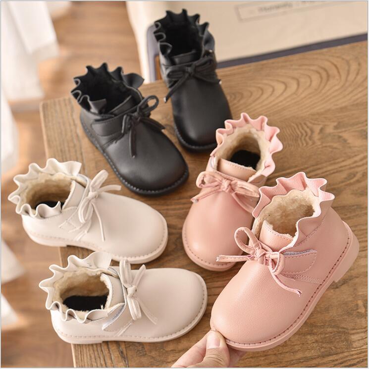 

Kids Winter Snow Boots Girls Martin Boot Lotus Leaf Shoes Outdoor Leather Lined Child Retro Fleece Dress Ankle Boots Sneakers C7090, 1(fleece inside)