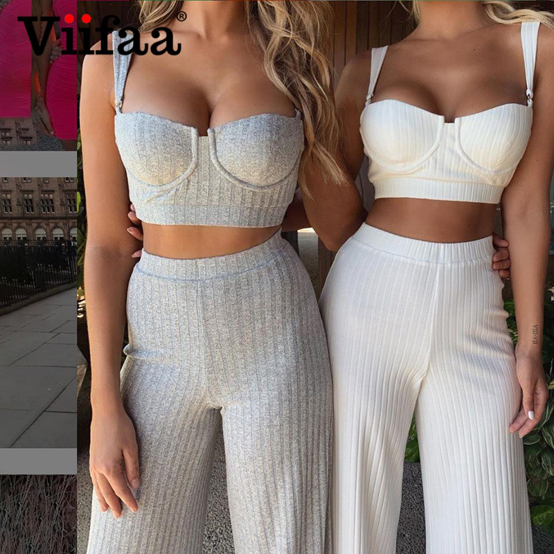 

Two Piece Dress Viifaa Knitted Set Crop Top And Wide Leg Pants Streetwear Women Festival Clothing Sexy Club 2 Outfits, White