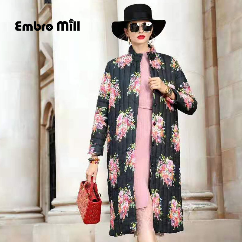 

Winter Ramie Cotton Coat Vintage Style Printing O-Neck Long Sleeve Loose Elegant Cotton Coat M-2XL, Black