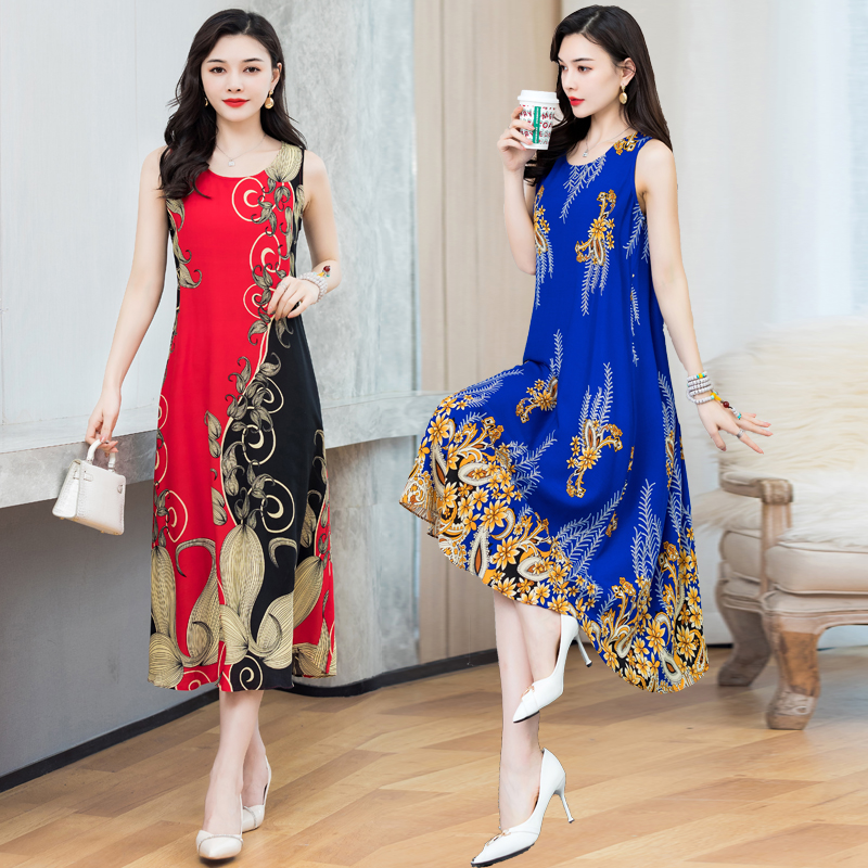 

Wholesale women's new mid-length sleeveless sling middle-aged mother summer dress faux cotton silk dress, 6#