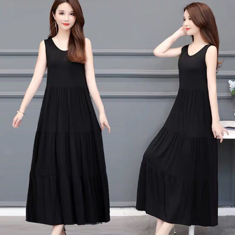 

2020 New Summer Women Modal Solid Patchwork Pleated Dresses Office Ladies Plus Size 5XL Ruffles Cake Long Dresses Vestidos T55, Navy
