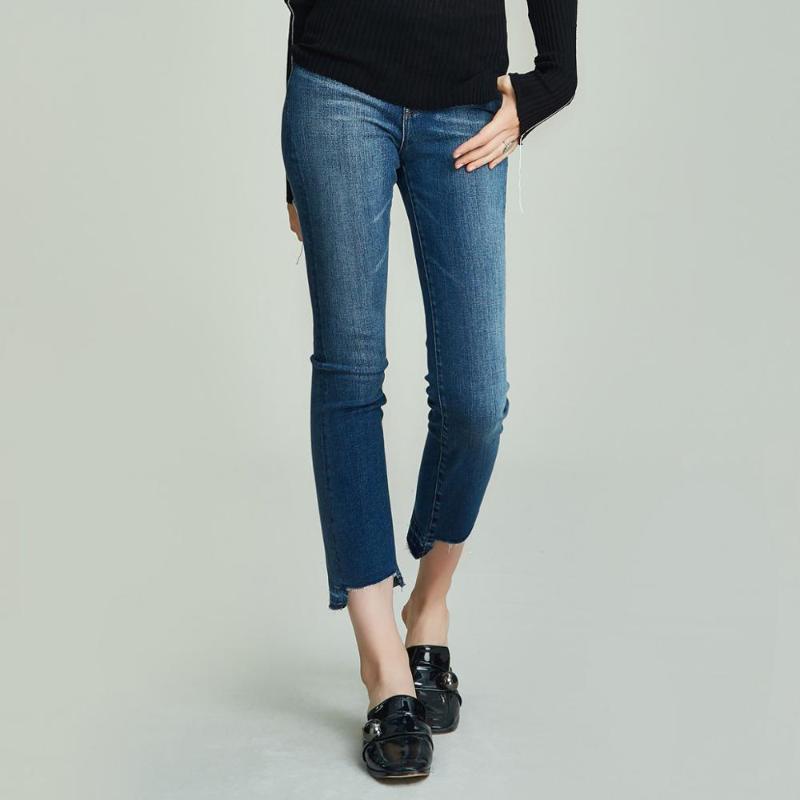 

HAVVA 2019 autumn and winter blue irregular ankle-length pants high waist thin skinny jeans K35580