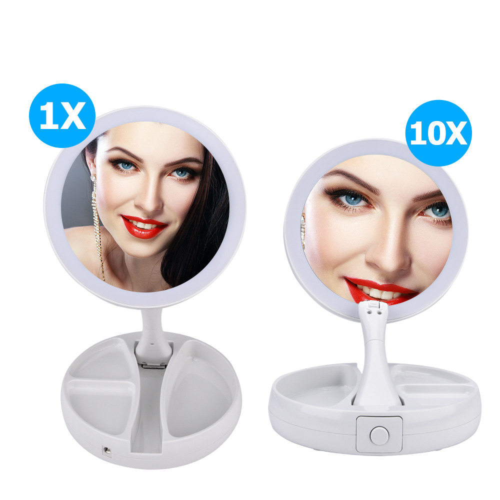 

Double-sided LED 10X Magnifying Makeup Mirror Large Lighted Illuminated Foldable Vanity Mirror Travel Desktop Light Cosmetic