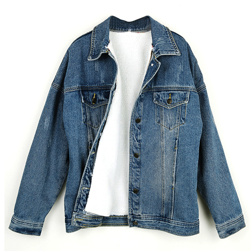 

New Winter Hole Thick Detachable Lambs Wool Denim Jacket Women Loose Coat Back Bird Floral Embroidery Warm Velvet Jean Outerwear, Blue