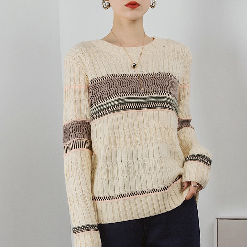 

Wool Women Sweater Patchwork Round Neck Women's Sweater, Beige