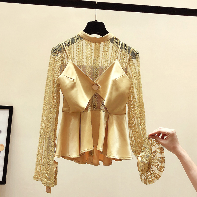 

Yellow Lace Blouse Women 2020 Spring New Slim Crew Neck Mesh Lace Long Sleeve Shirt Tops Lady' Blusas