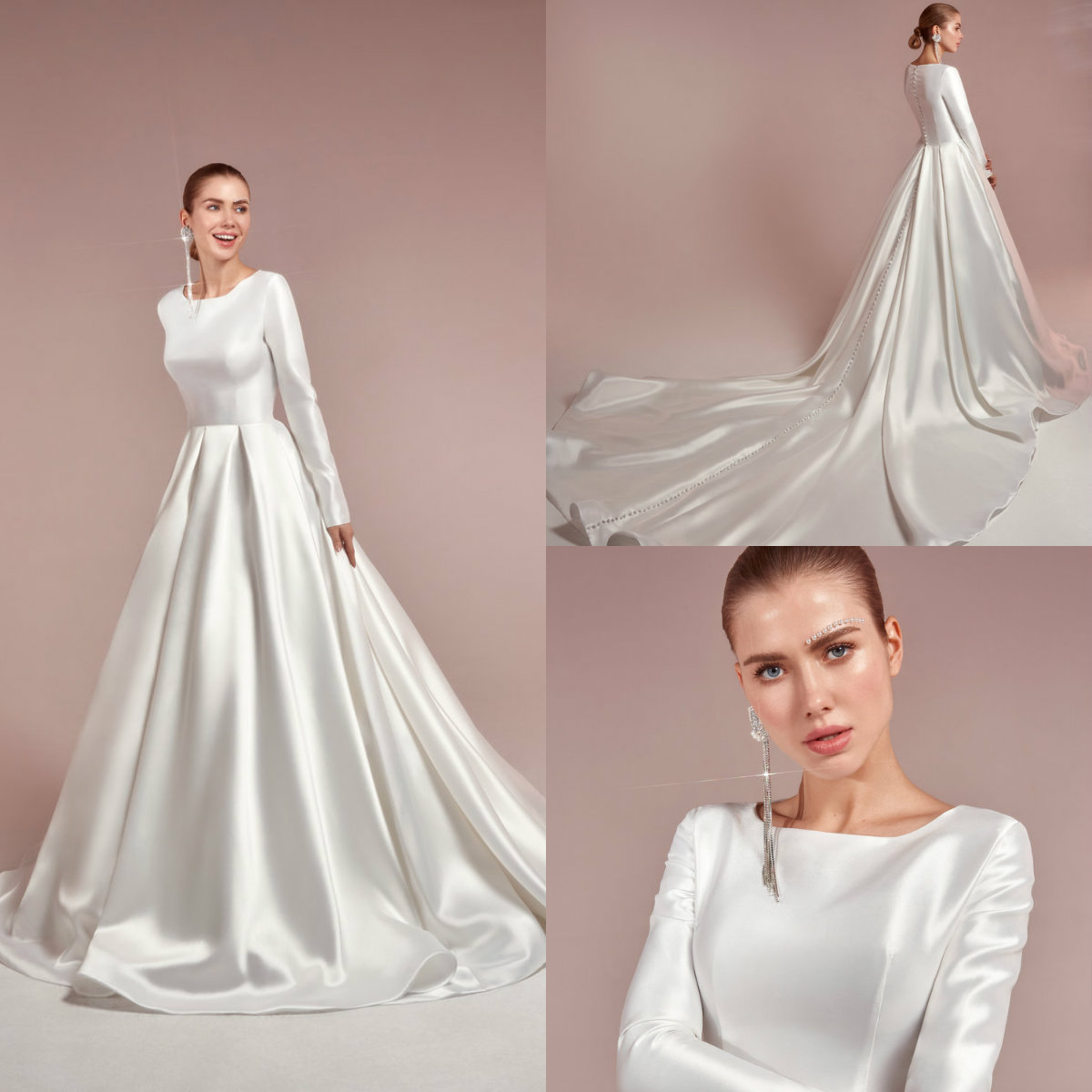 

2020 Elegant A Line Satin Wedding Dresses Jewel Neck Court Train Long Sleeve Modest Wedding Dress Custom Made Cheap Beach Robes De Mariée, Black