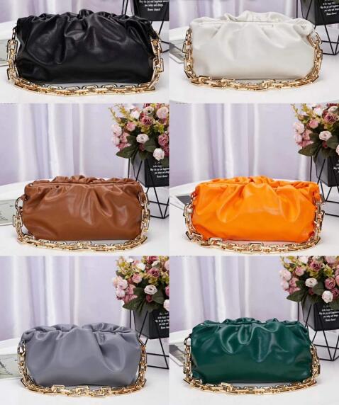 

Classic Women Handbags Cloud Shape Evening Bags With Thick Chain Clutch Women Pouch Genuine Leather Clip Handbag Crossbody Totes, Black-22cm