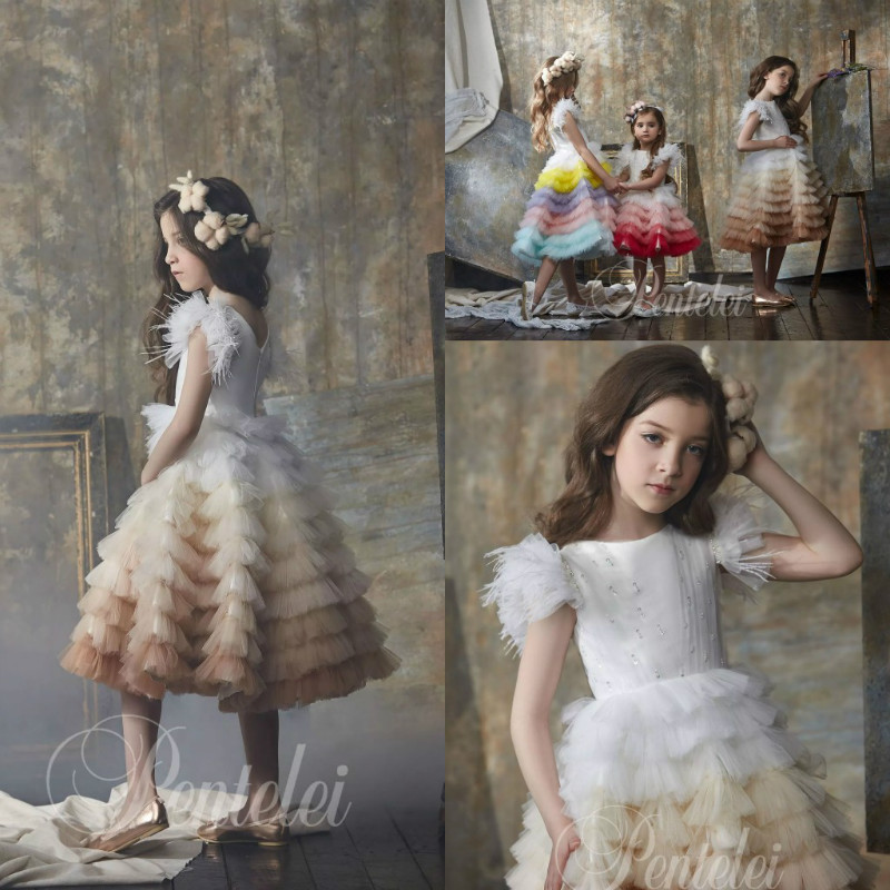 

Dreamly A Line Flower Girl Dress Jewel Short Sleeve Feather Sequins Ruffles Tulle Tiered Pageant Dress Knee Length Girl's Birthday Part, White