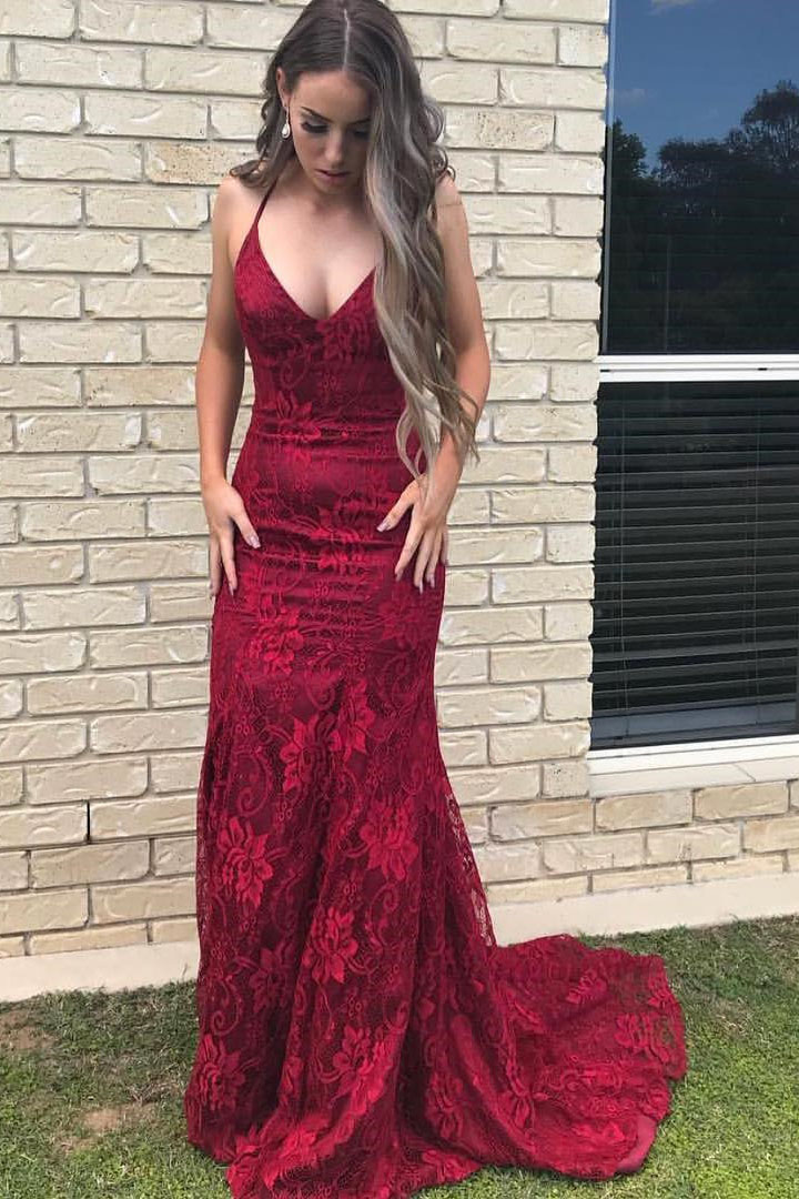 

New Arrival Sexy Mermaid Lace Evening Dress Fashion V Neck Women Long Prom Gown Custom Made, Red