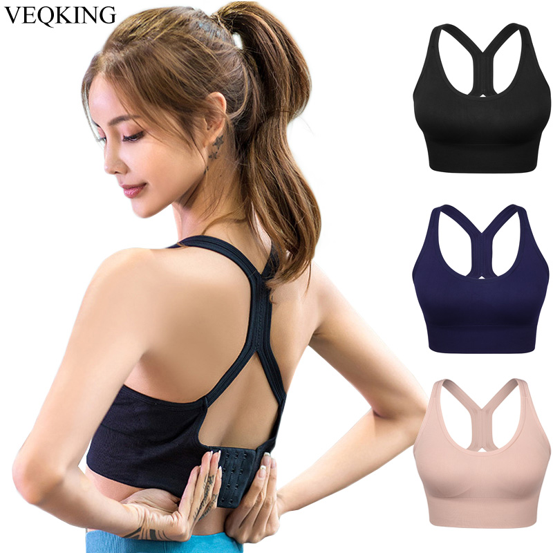

VEQKING Women Back Buckles Sports Bra,Shockproof Wirefree Padded Push Up Yoga Bra,Breathable Running Fitness Gym Workout Bra Top, Dark blue