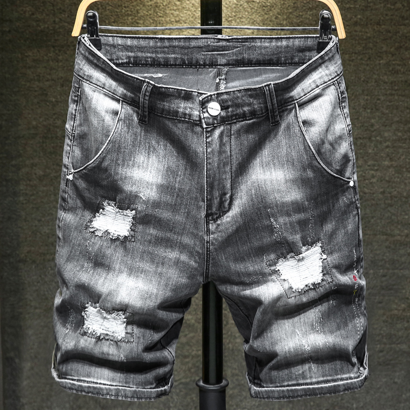 

2020 Summer New Men's Ripped Short Jeans Fashion Casual Slim Fit Grey Stretch Denim Shorts Male Brand Clothes, Gray