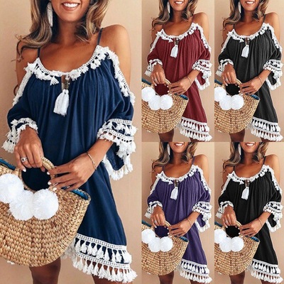 

Summer Women Sexy Lace Tassel Casual Off Shoulder Strap Dress O Neck Short Sleeve Vintage Mini Beach Party Dresses S-5XL, Purple