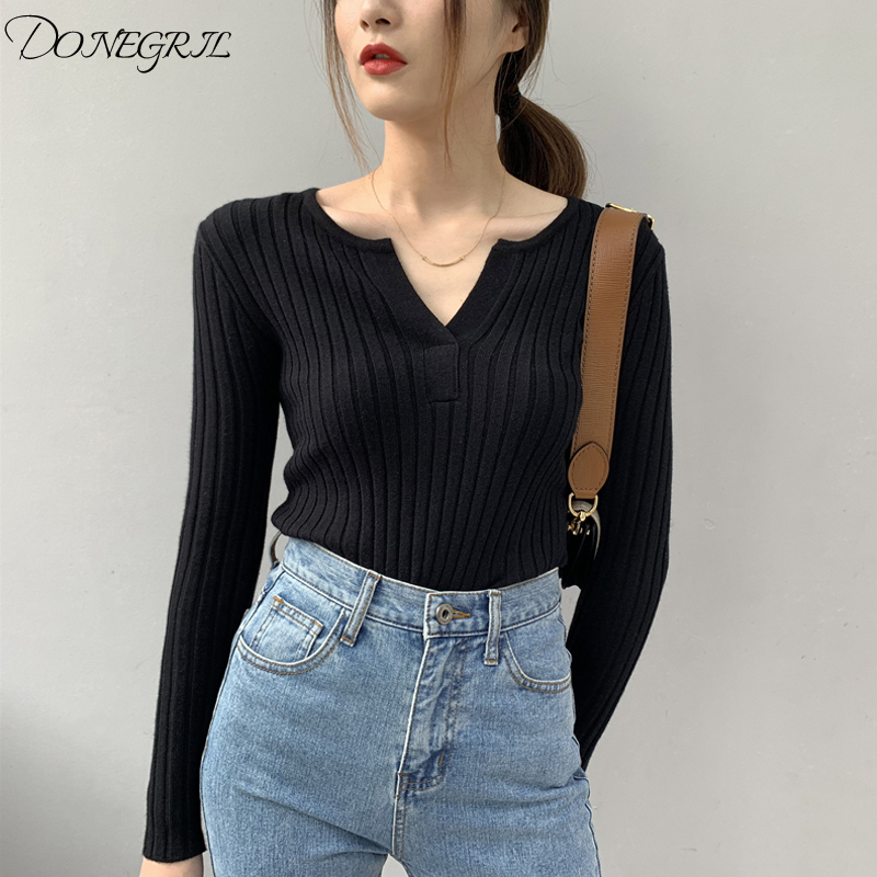 

fashion Korean Women's Clothing long sleeve Sweaters criss-cross short solid v-neck causal style autumn ins vetement femme new, Gray
