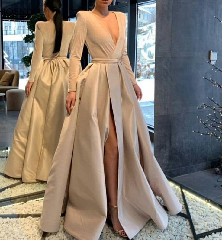 

high side slit Long sleeves evening dresses deep v neck 2020 Ivory Dubai Arabic Formal dress Party abendkleider Sexy prom dresses Long, Fuchsia