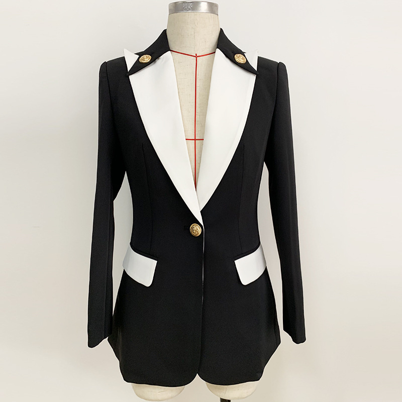 

Premium New Style Top Quality Original Design Women's Personality Black & White Stitching Collar Slim Blazer One Button Jacket Coat Outwear