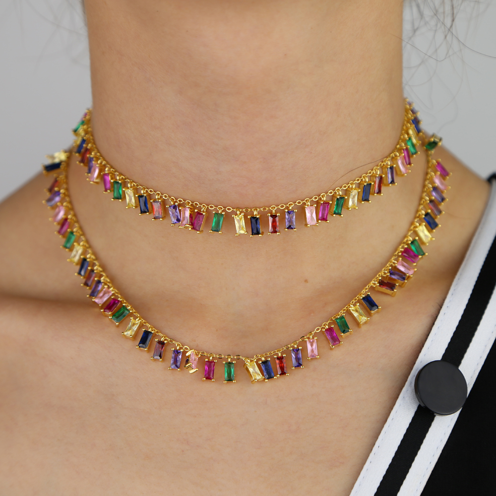 

high quality rainbow baguette cz colorful geometric Pendant choker Necklace Gold filled luxury fashion women statement jewelry