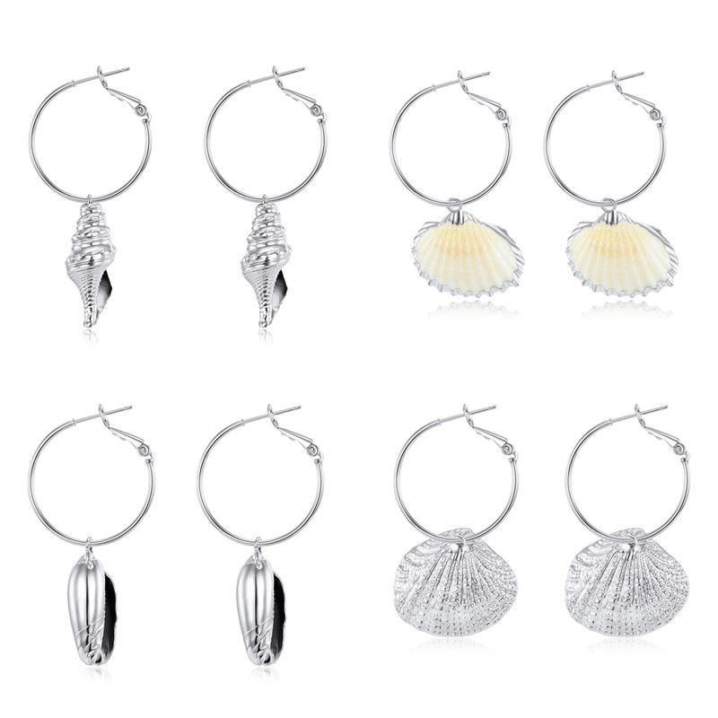 

1Pair Unique Silver Color Natural Shell Hoop Earrings Women Bohemian Elegant Seashell Pendant Circle Earrings Jewelry E317