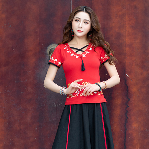 

camiseta mujer ethnic tshirt women summer Mexico style ethnic vintage black white green red embroidery t shirt tee DB240