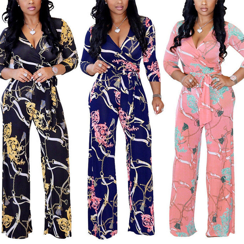 

Hirigin Womens V-Neck Long Sleeve Jumpsuit Fashion Ladies Autumn Clubwear Floral Print Playsuit Party Jumpsuit Long Trousers, As photo show