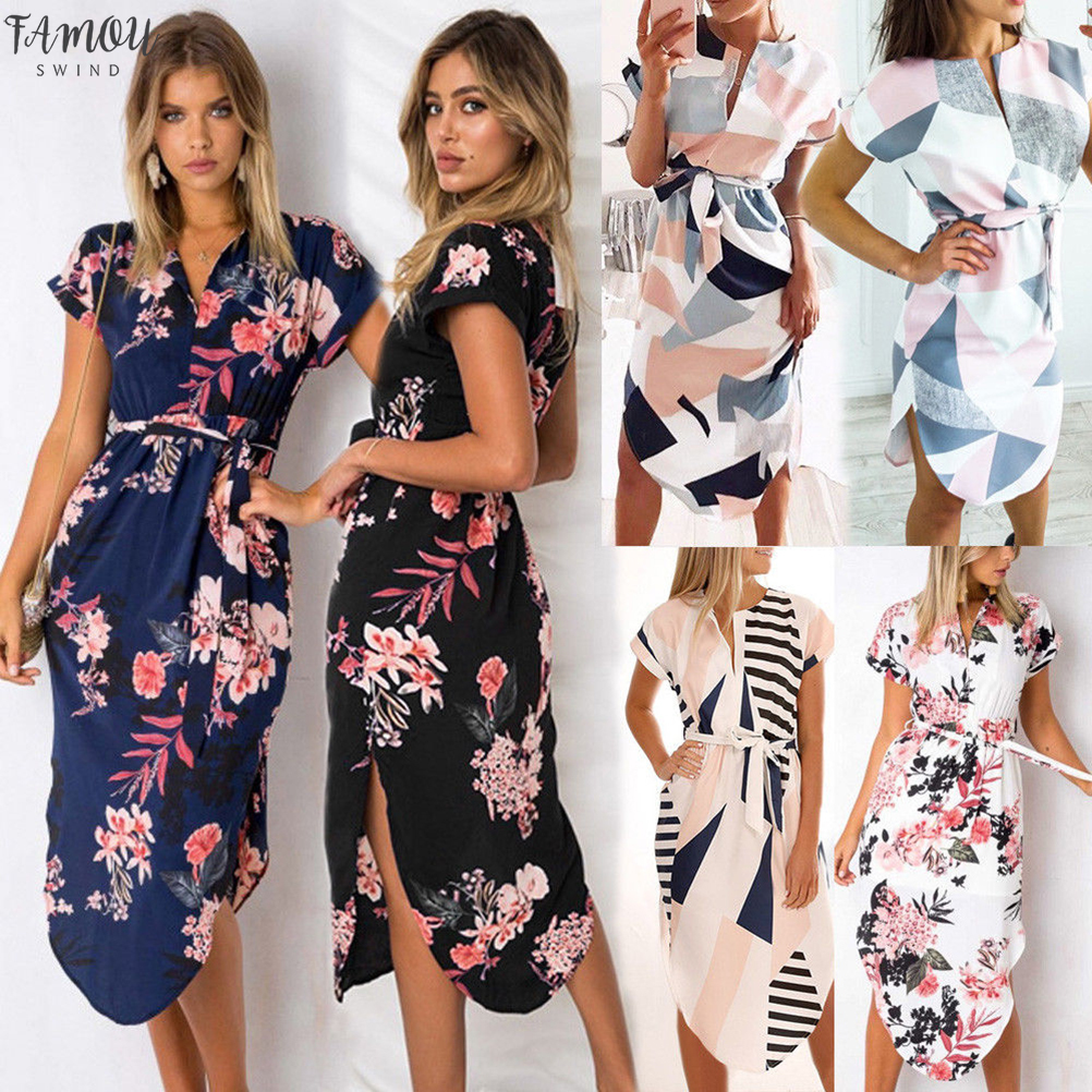 

Summer Dresses Women 2020 Geometric Print Tunic Long Dresses V Neck Short Sleeve Midi Sundress Ladies Elegant Vintage Vestidos, Color4