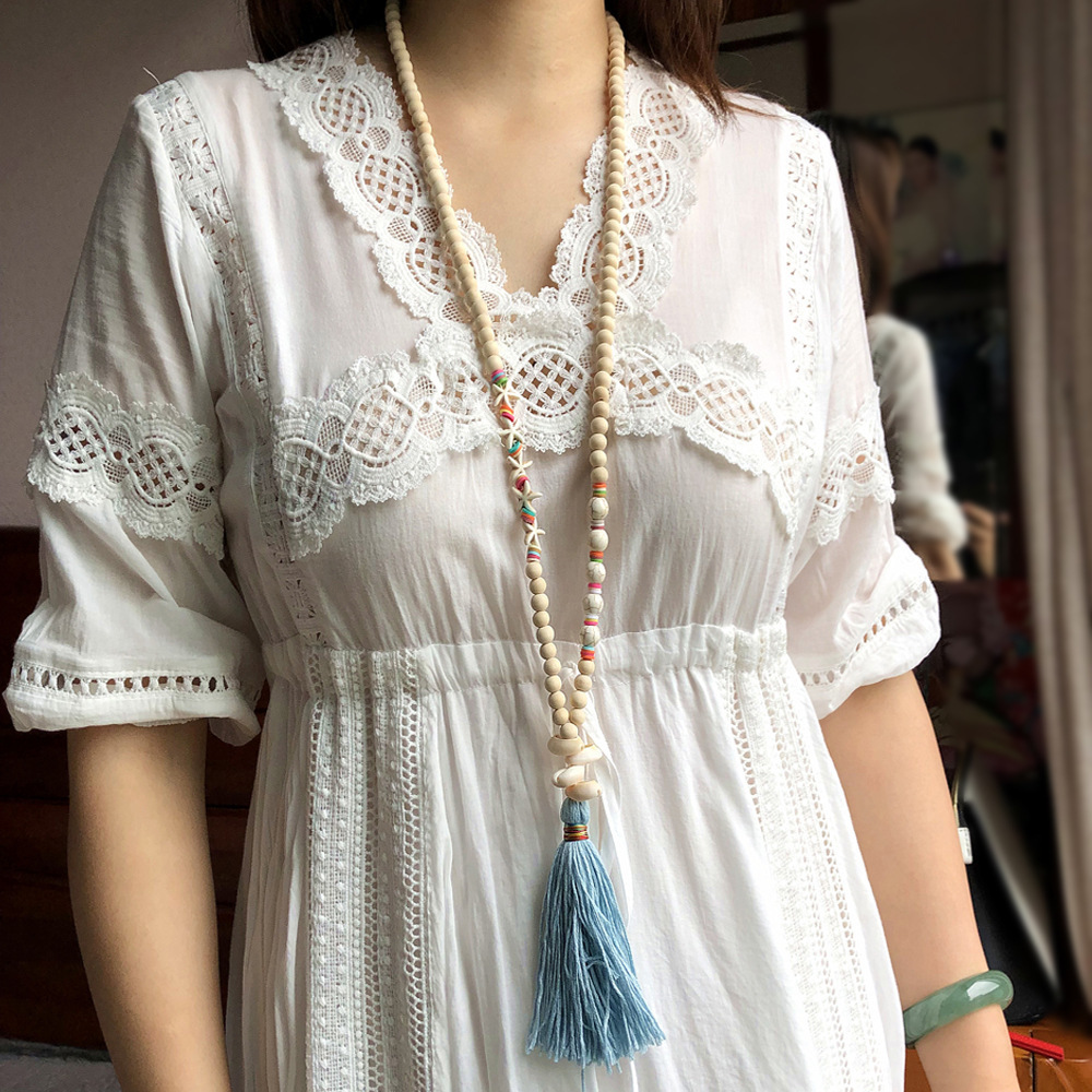 

Shell tassel pendant wooden beads long necklace women's dress Beach wind sea star Pine stone string beads hanging chain accessories, Mixed colors