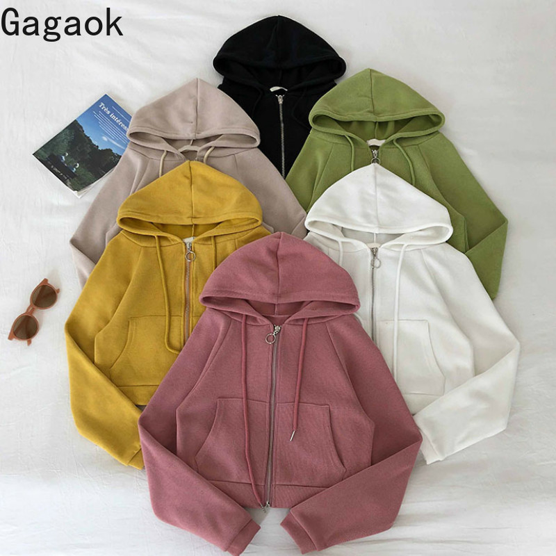 

Gagaok Women Office Lady Hoodies Spring Autumn New Solid Hooded Zip-up Short Slim Wild Casual Simple Female Fashion Hooded Tops, Black