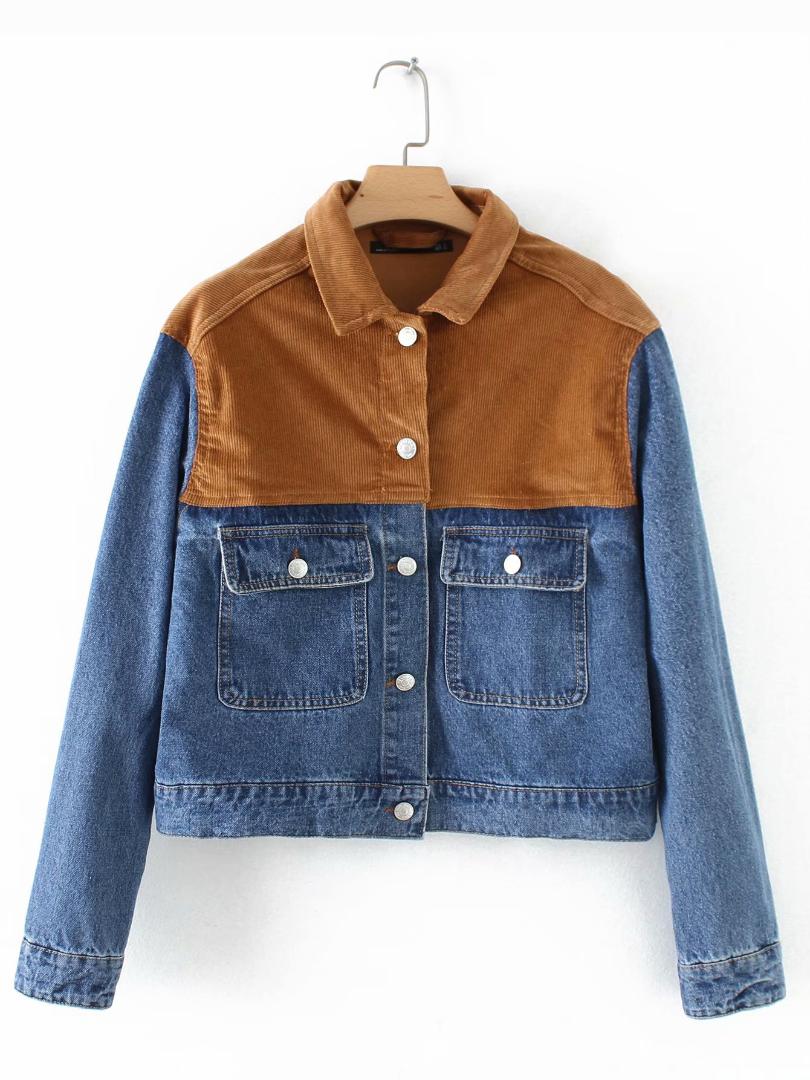 

2019 European and American style autumn and winter women' new wholesale corduroy stitching denim jacket, Camel