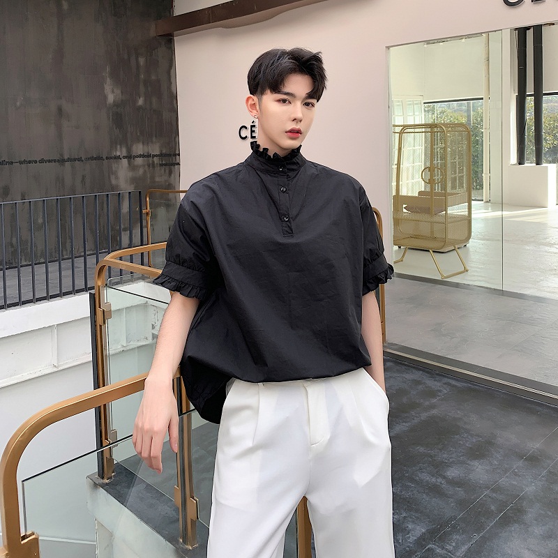 

Men Summer Wear 2 Styles Short Sleeve Stand Collar Loose Casual Shirt Male Fashion Japan Streetwear Dress Pullover Shirts, 1062 white