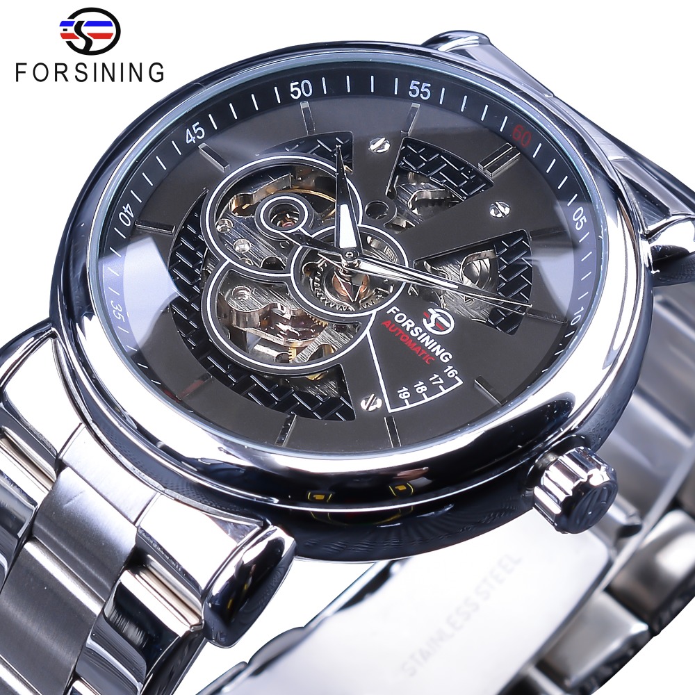 

Forsining Steampunk Black Silver Mechanical Watches for Men Silver Stainless Steel Luminous Hands Design Sport Clock Male