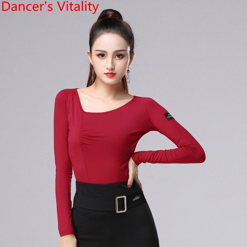 

2019 New Modern Ballroom Dance Top Long Sleeves Practice Clothes Latin National Standard Waltz Jazz Modern Dance Wear Costume, Black