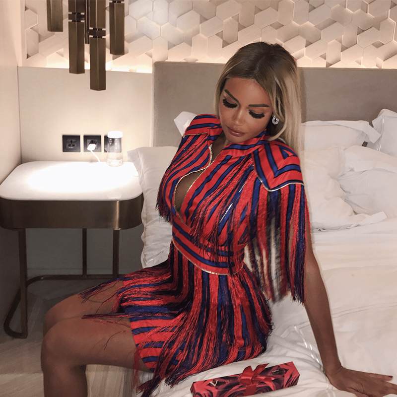 

2018 New Fashion Sexy Women Bodycon Dress Red Blue Striped Tassel Dress Short Vestido Mini Prom Cocktail Party Dress With Fringe T5190615, Black;pink