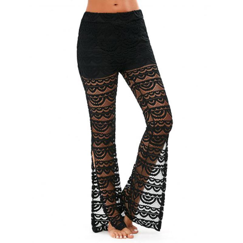 

Trousers Ladies Solid Color Lace Hollow Stitching Trousers Flared Pants 2020 Fashion New Ladies #YL5, Black
