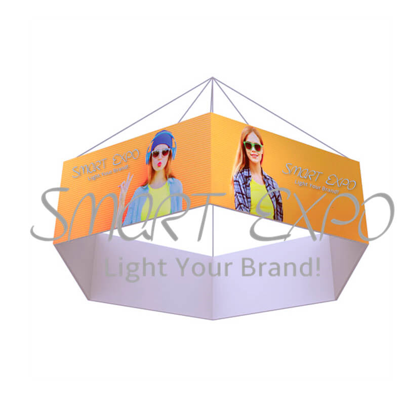 

Hexagon Shaped Hang Sign Display Sexangle Ceiling Banner With Custom Logo Printing Hang Set Flat Carry Bag Pack