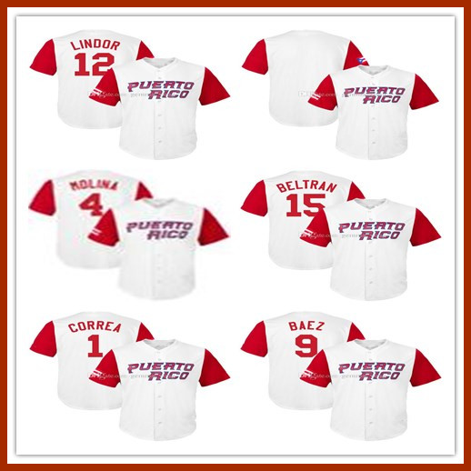 

2017 Puerto Rico World Baseball Stitched Baseball Jerseys 12 Francisco 1 Carlos Correa 9 Javier Baez 4 Yadier Molina 15 Carlos Beltran Cheap, White