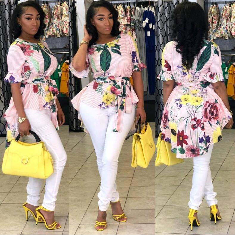 

Floral Flare Bell short sleeve Printed Blouses women 2019 Front Short Back Long Shirts Dress Summer Casual Crew Neck Beach T shirt Tops, Multi