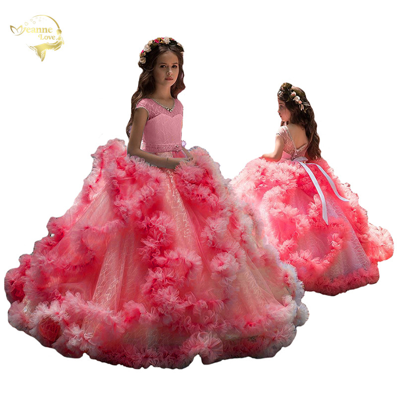 

Flower Girl Dresses Beading Sash Ball Gowns Elegant Lace Cascading Princess Kids Pageant Gown For Weddings First Communion Dress, Watermelon