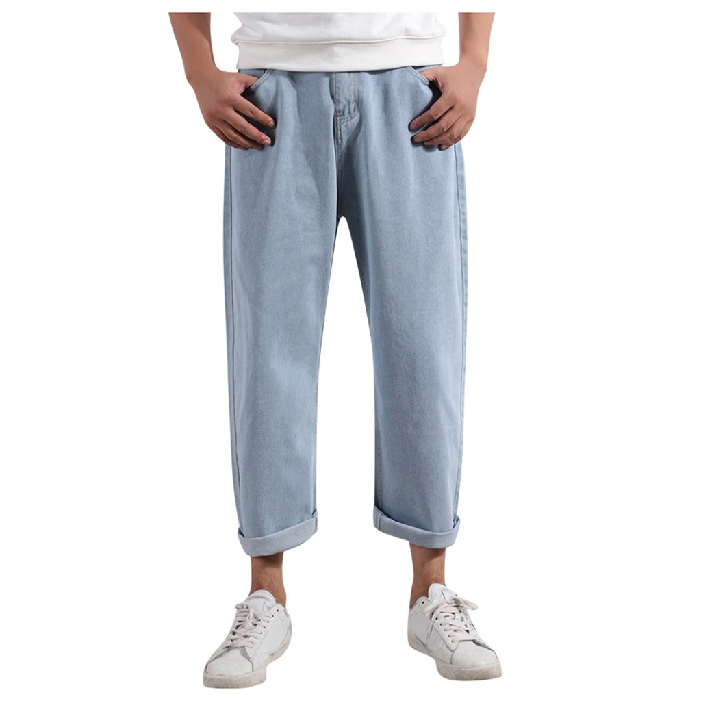 

Nice Classic men's Autumn And Winter Denim Loose Casual Solid Color Straight Pants Waist Loin Nine Pants Men Pocket, Blue