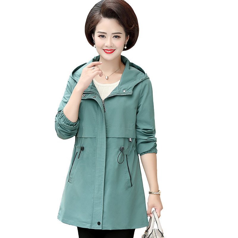 

Plus Size 5XL Women Trench Coat New Spring Autumn Coat Solid Hooded Windbreaker Middle-aged Female Mid Long Outerwear Tops AH218, Green