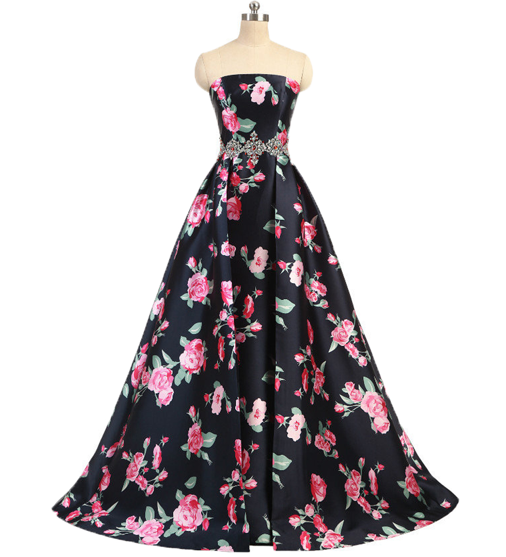 

Real 2021 Strapless Prom Dresses Flower Print Satin Ball Gown Formal Dress Evening Party Wear Beaded robes de soirée, Same as image