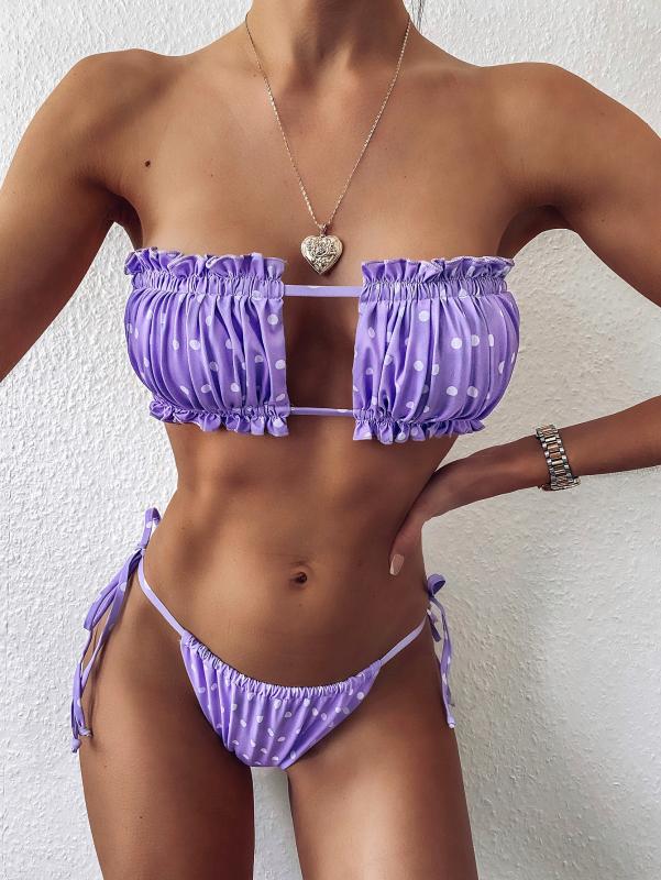 

Elegant Purple Swimwear Women Off Shoulder Pleat Bikini Hollow Out Lace Up Bandgae Push Up Bathing Suit Thong Swimsuit Biquini