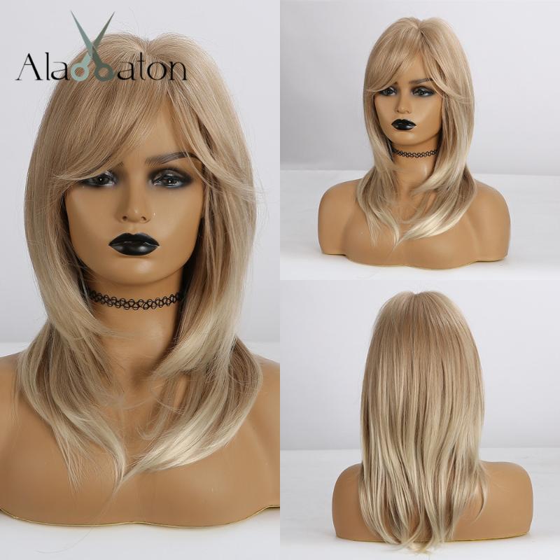 

ALAN EATON Synthetic Wigs Medium Wavy Hair for Women Heat Resistant Wig with Bangs Ombre Brown Golden Blonde Ash Layered Wigs, Lc107