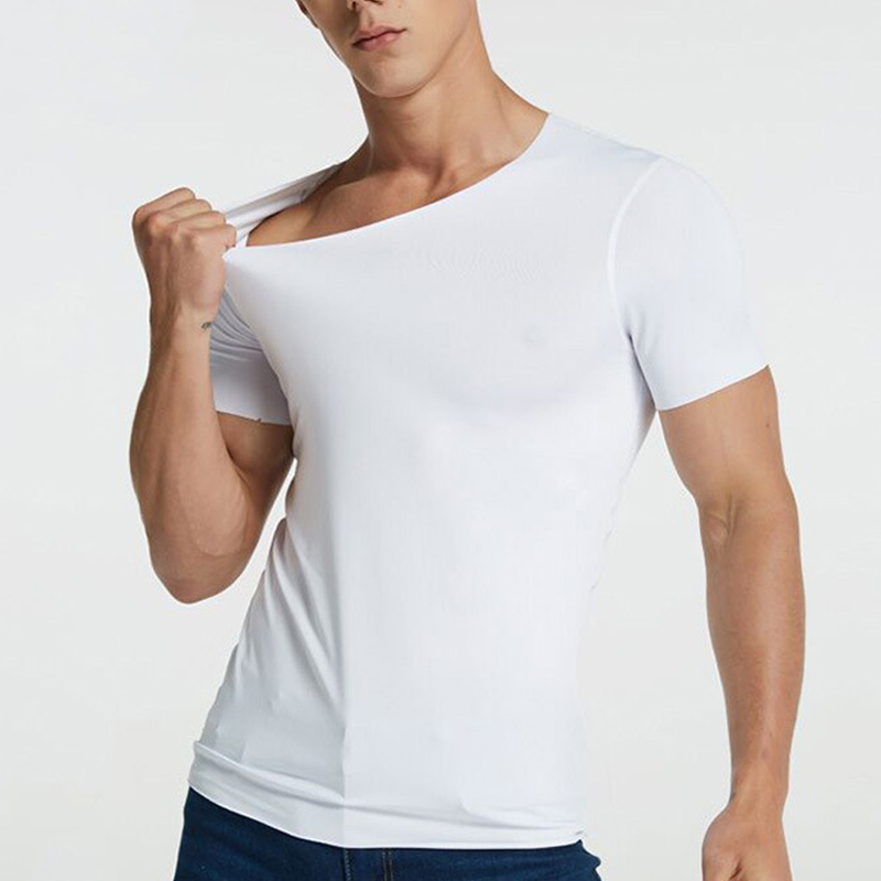 

Men's T-Shirt Thin Section Short-Sleeved Summer Ice Silk Ribbed Bottoming T-Shirt Without Trace Slim Stretch V-Neck Solid Color, Black