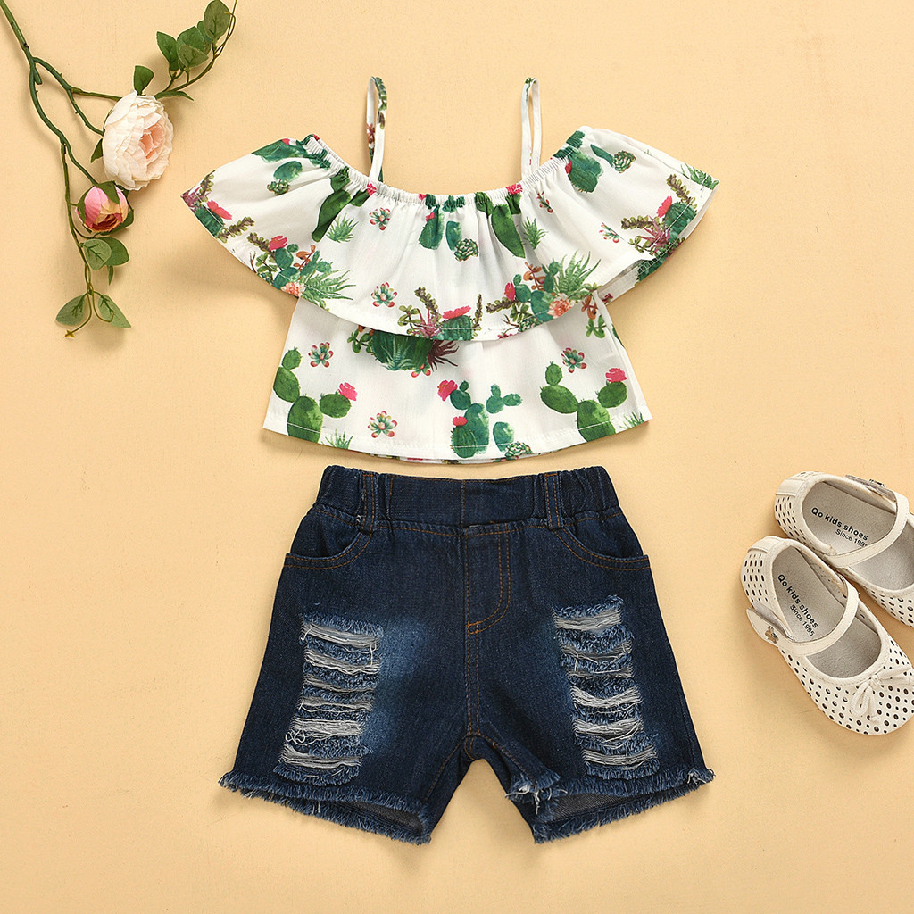 

Summer 2020 Girls Clothes Set Fashion Toddler Kids Baby Girls Floral Print Off-The-Shoulder Tops Denim Shorts Outfits Ropa, Green