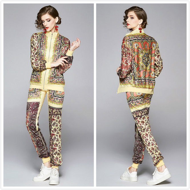 

Quality 2020 Women's Runway Two Piece Pants Loose Casual Long Sleeve Printed Jackets Coat + Long Pants 2 pcs Ladies Designer Two Piece Sets, Customize