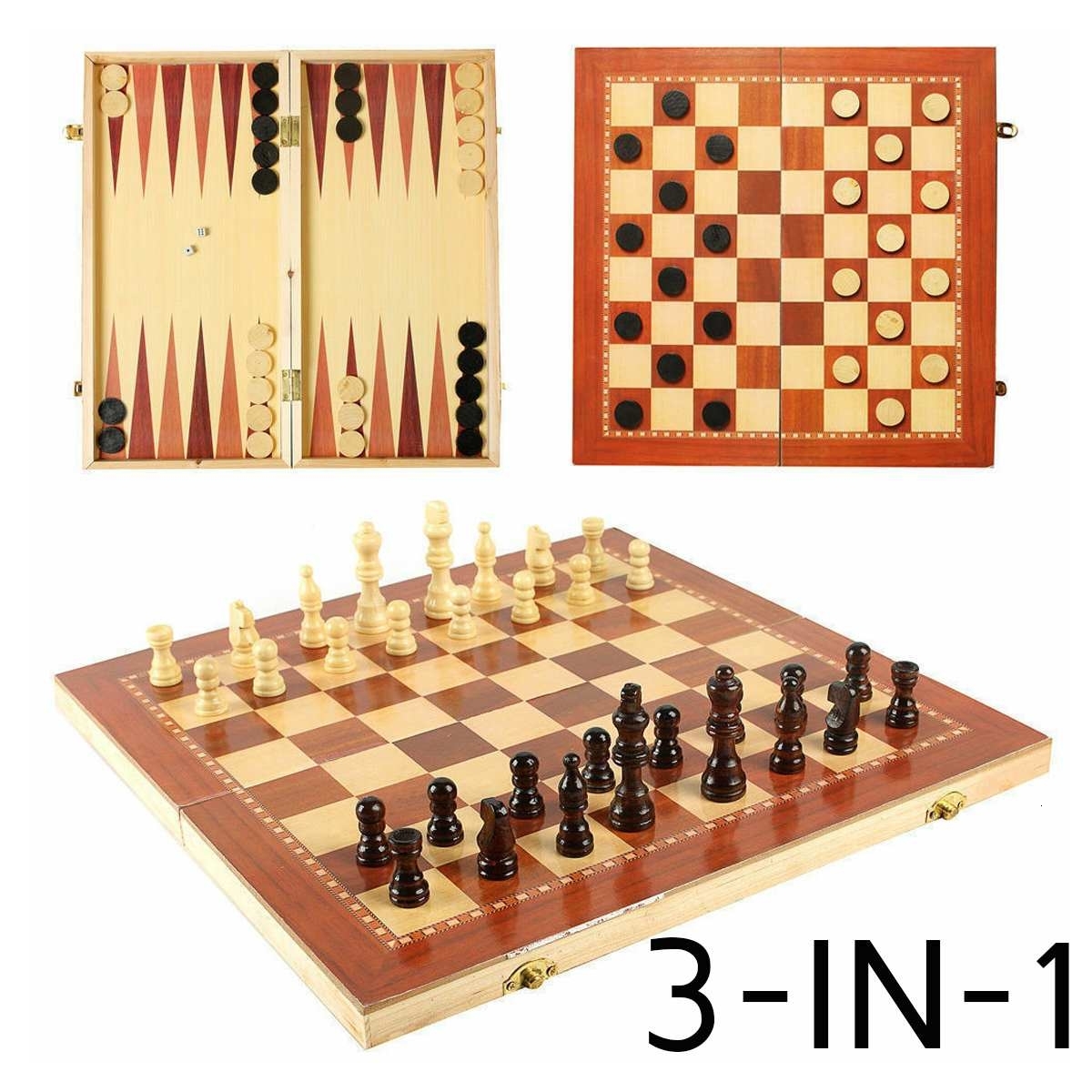 3 in 1 Hand Made Wooden Board Game Set Travel Games Chess Backgammon Draughts