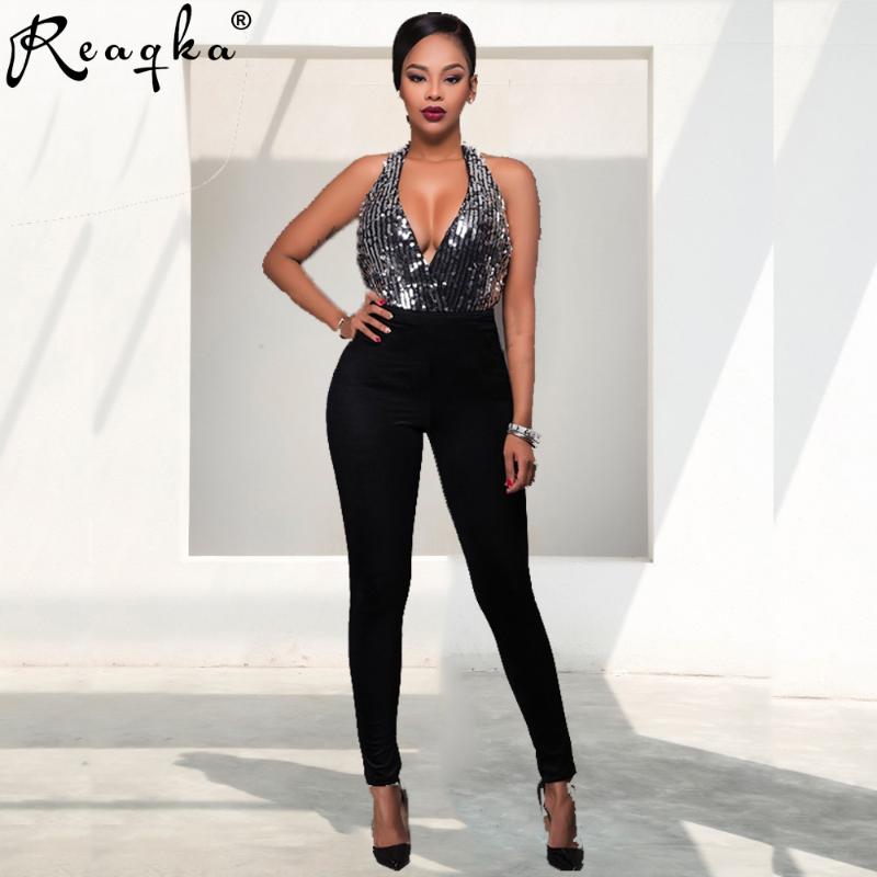

Reaqka Summer Women Silver Sequins Jumpsuit Backless Elegant Sexy Sleeveless Club Romper Long Playsuit Deep V Neck Overalls 2020, As pic