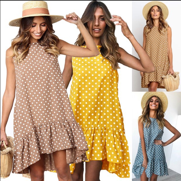

Print Dress Ruffled Women 2019 Summer Dress New Sexy Casual Loose Sleeveless Party O-neck Short Beach Dress Female, Yellow